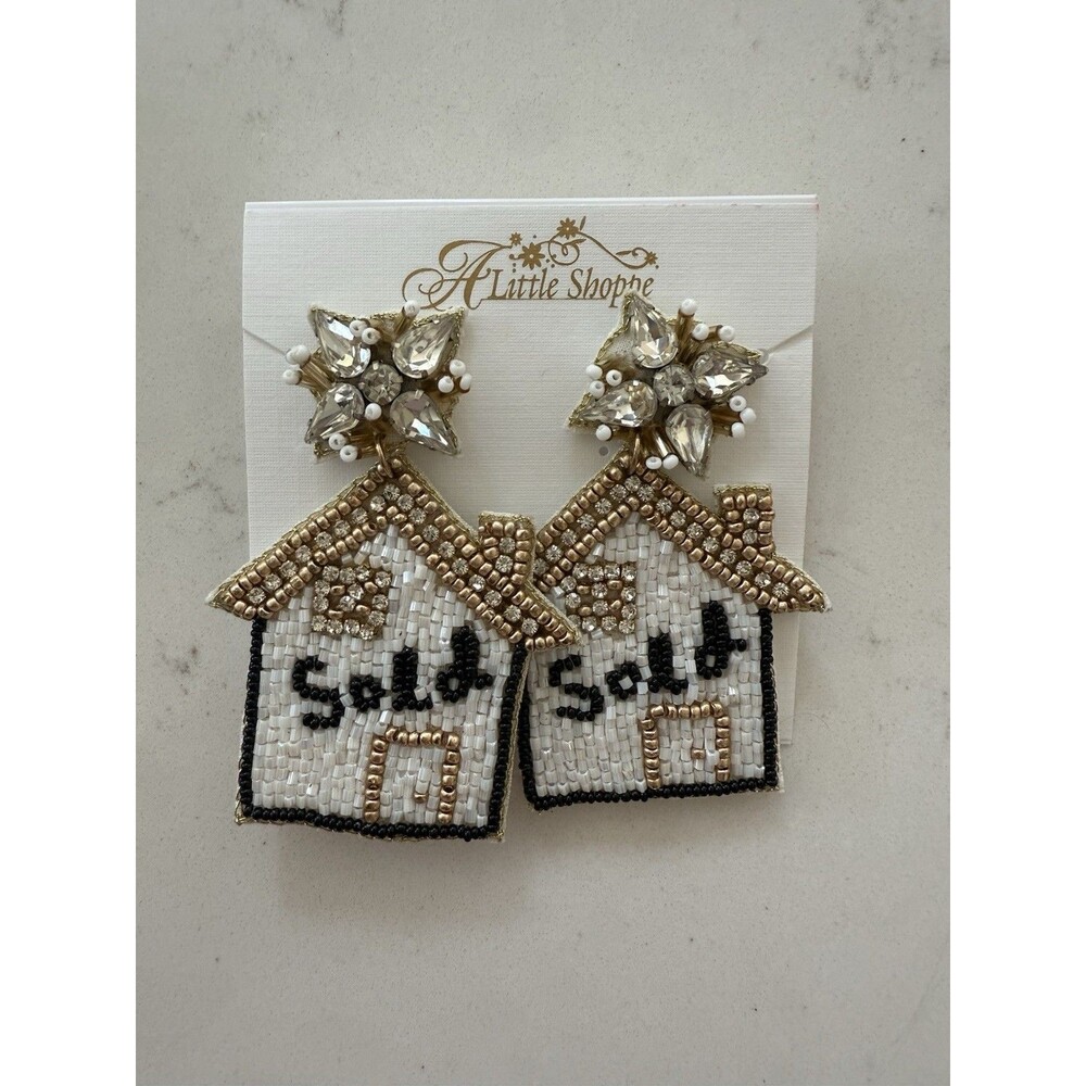 Women’s “Sold” Real Estate House Beaded Earrings Black Gold White